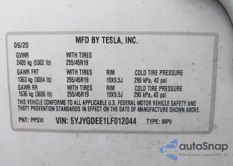 2020 Tesla Model Y Long Range Dual Motor All-Wheel Drive from USA, damaged, VIN 5YJYGDEE1LF012044